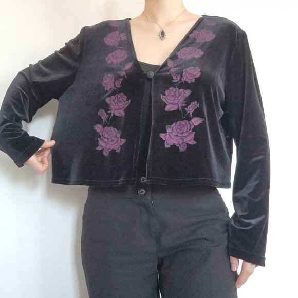 Vintage 90s whimsigoth gothic black velvet and purple rose cardigan XL - Picture 8 of 16